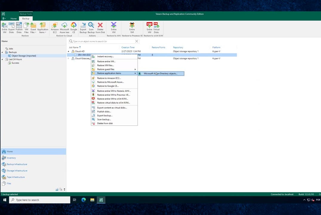 Veeam Console — opções de restauração granular