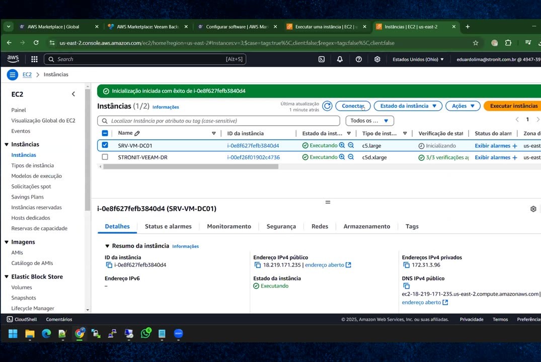 Console EC2: instâncias STRONIT-VEEAM-DR e SRV-VM-DC01 rodando em us-east-2
